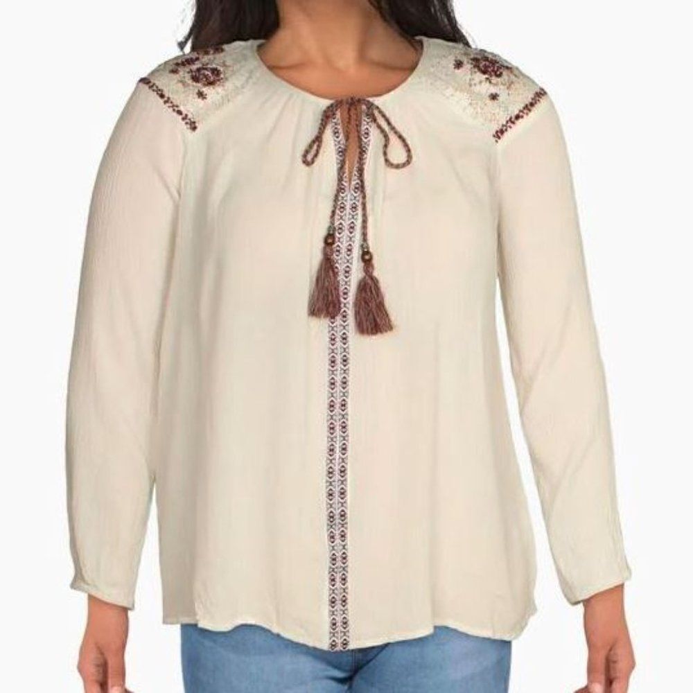 Silver Jeans Embroidered Long Sleeve Flowy Peasant Blouse with Tassels Size XL